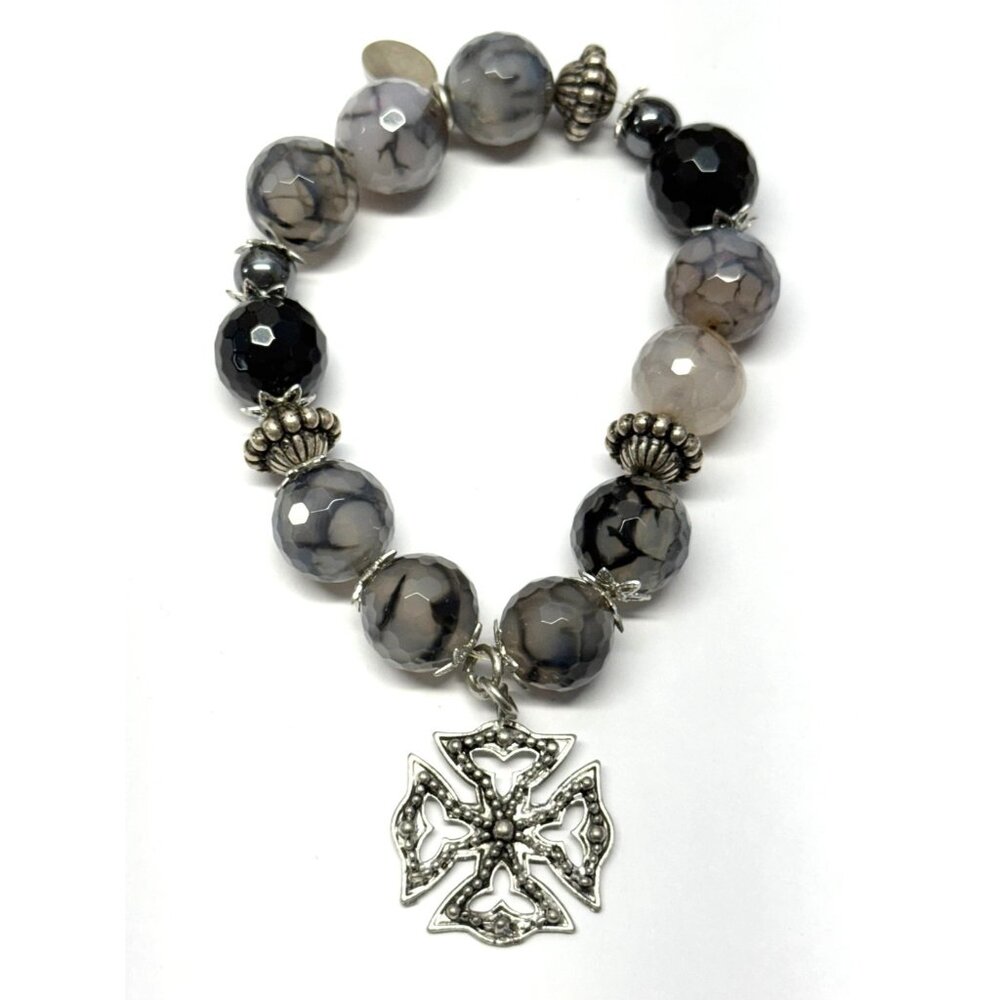 Vintage semi precious stone Maltese cross charm bracelet